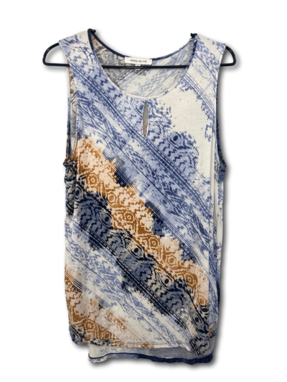 Rose+Olive Tank Top Sleeveless Blouse Boho Blue Geometric Keyhole Women’s Sz L